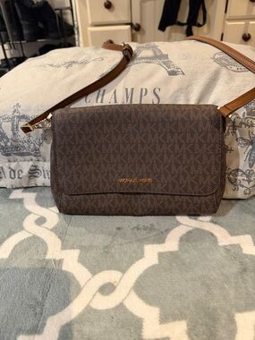 Michael Kors Dark Brown Monogram Crossbody with Tan Strap and Gold Accents